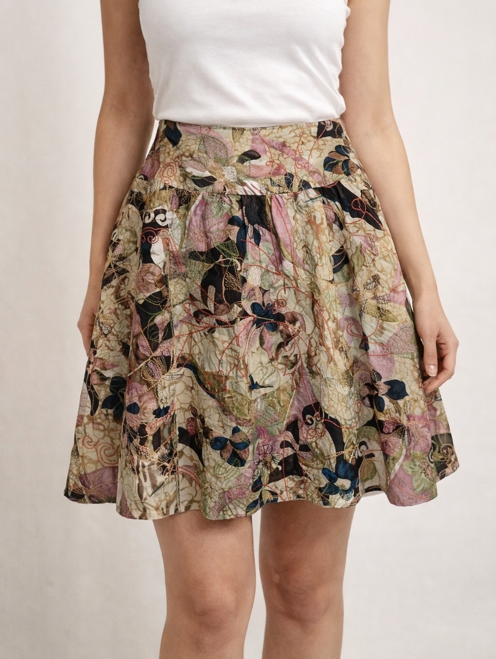 Chicos Silk Flowy A Line Skirt Multicolor Floral Embroidery Sz 0.5 Boho Festival